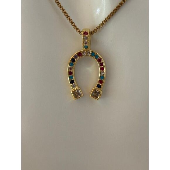 Multicolored Cubic Zirconia Horseshoe Pendant Necklace NWT - Picture 6 of 8